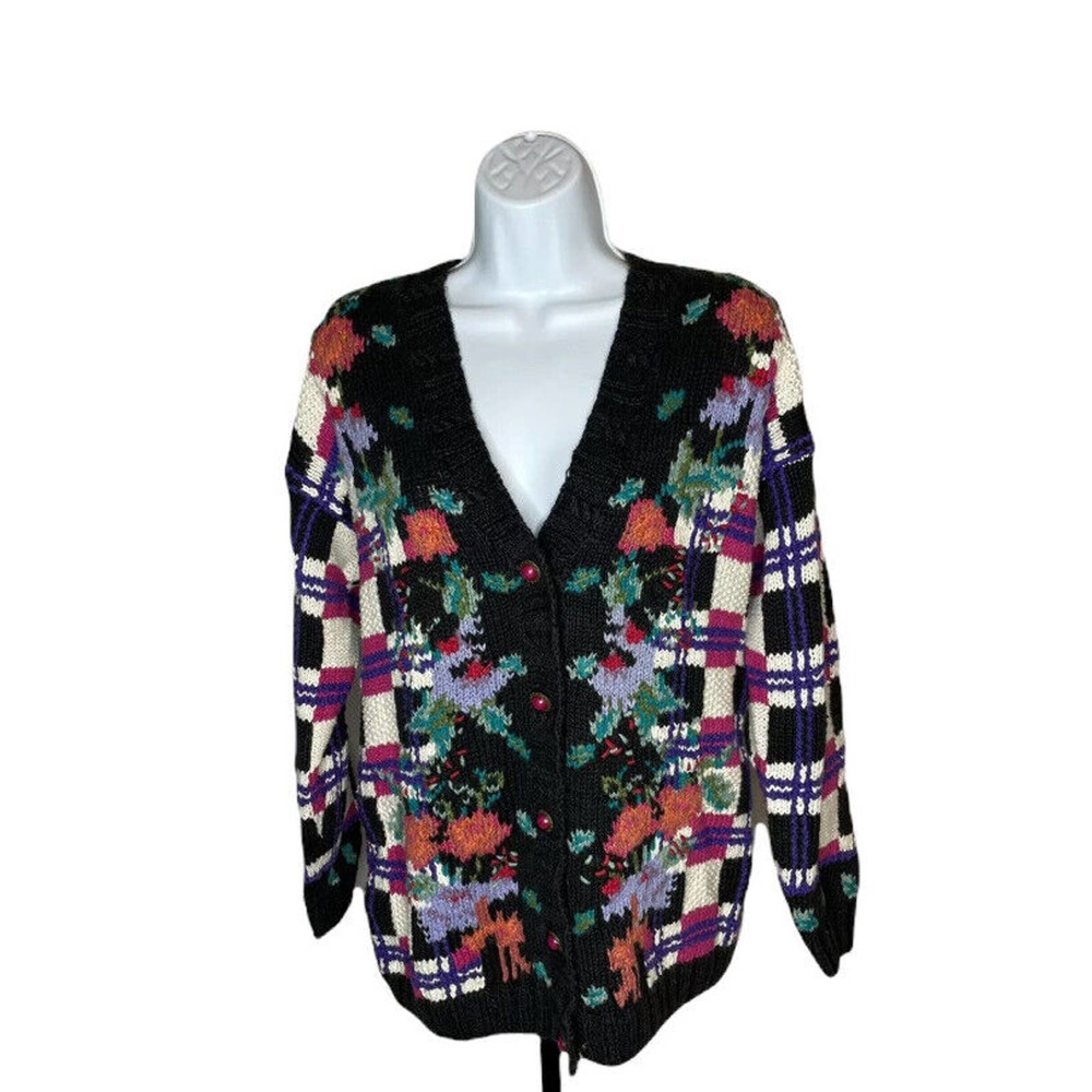 Vintage CHU Womens Cardigan Sweater Medium Floral Checkered Plaid Hand Knitted